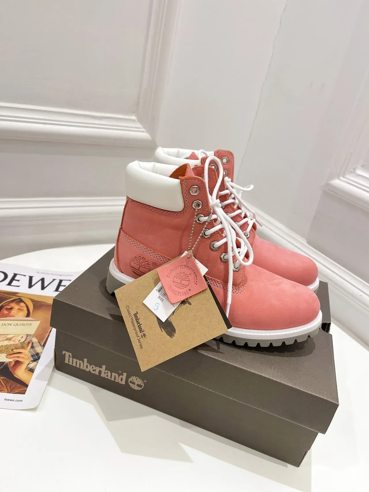 Timberland Premium 6-Inch Coral Pink Suede Work Boots 8