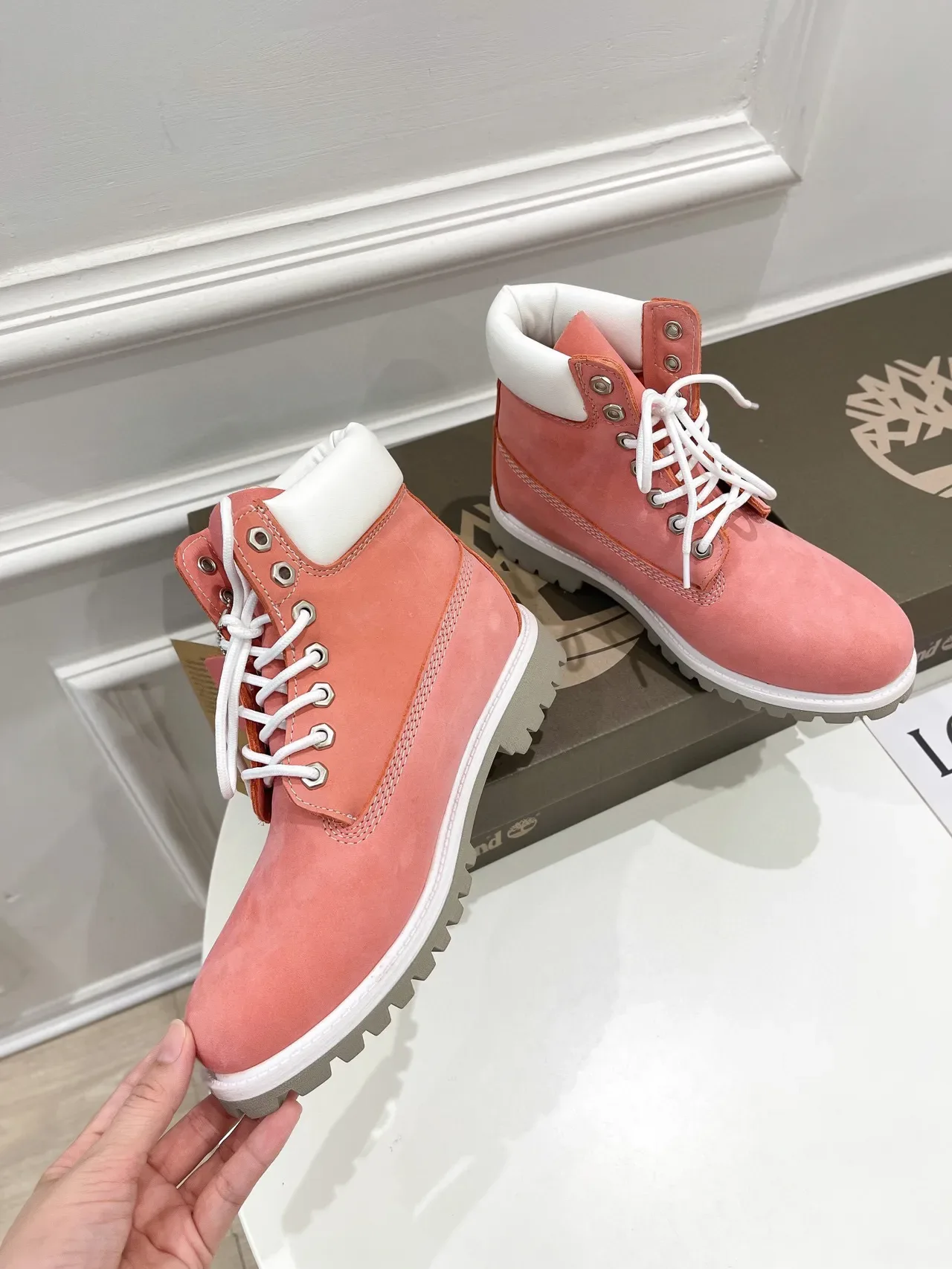 Timberland Premium 6-Inch Coral Pink Suede Work Boots 9