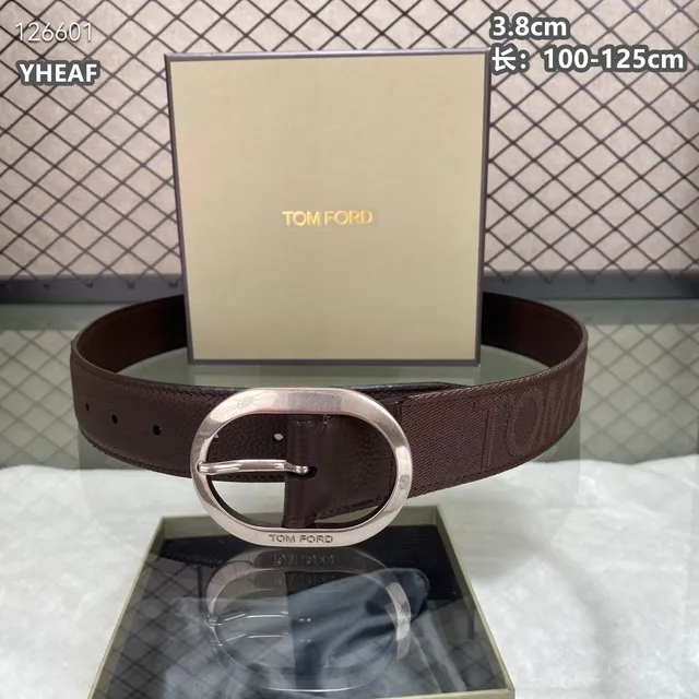 Tom Ford Logo Tape Belt Black Woven Strap Pebbled Leather Keeper Canvas Belt 12