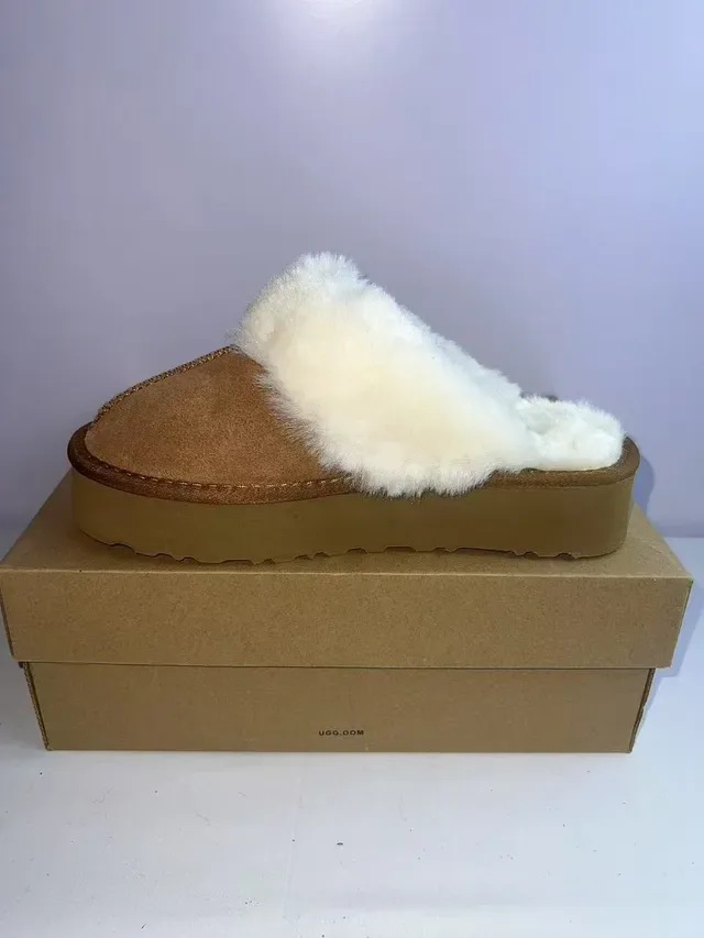 UGG Beige White Platform Sole Shearling-Lined Slippers 3