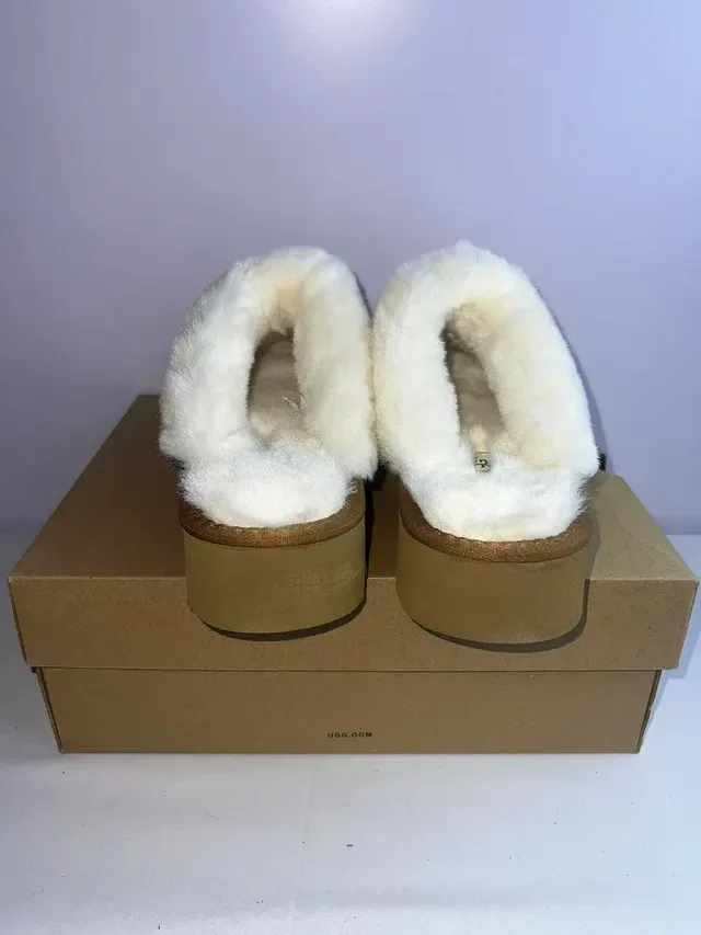 UGG Beige White Platform Sole Shearling-Lined Slippers 4