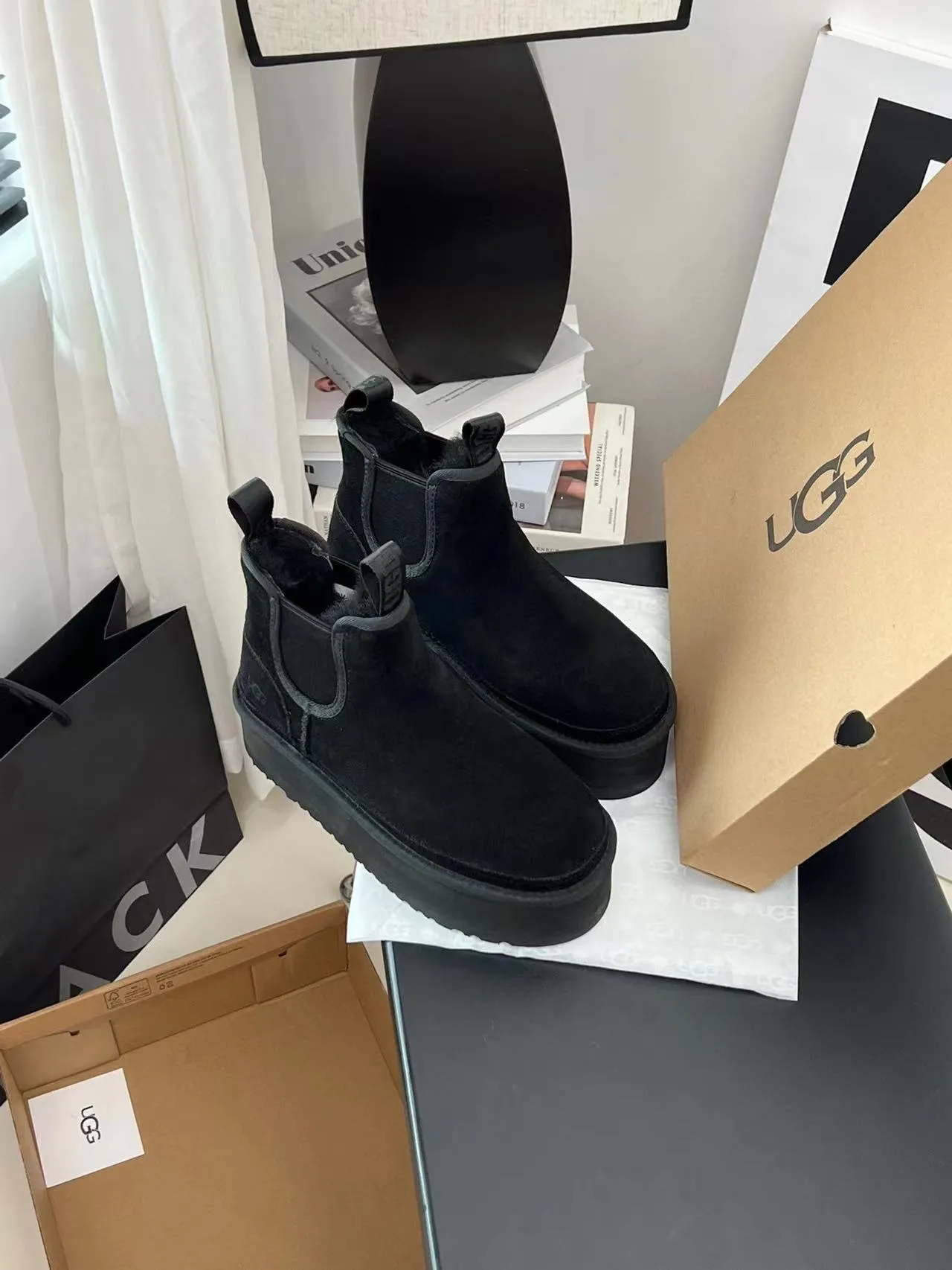UGG Black Platform Sole Shearling-Lined Chelsea Boots 3