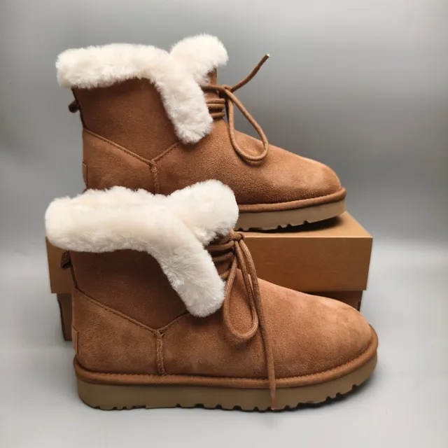 UGG Marrom Bege Suede Superior Dobrar Para Baixo Forro de Cordeiro Punho Botas de Tornozelo 5