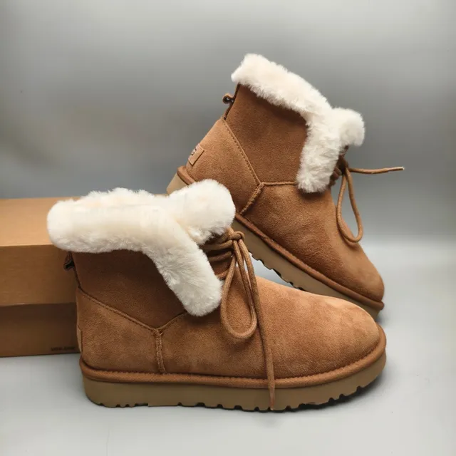 UGG Marrom Bege Suede Superior Dobrar Para Baixo Forro de Cordeiro Punho Botas de Tornozelo 6