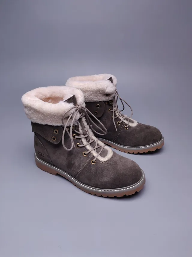 UGG Brown Beige Suede Upper Shearling-Lined Collar Ankle Boots 5