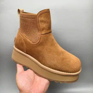 UGG Brown Suede Upper Ribbed Knit Collar Chelsea Boots