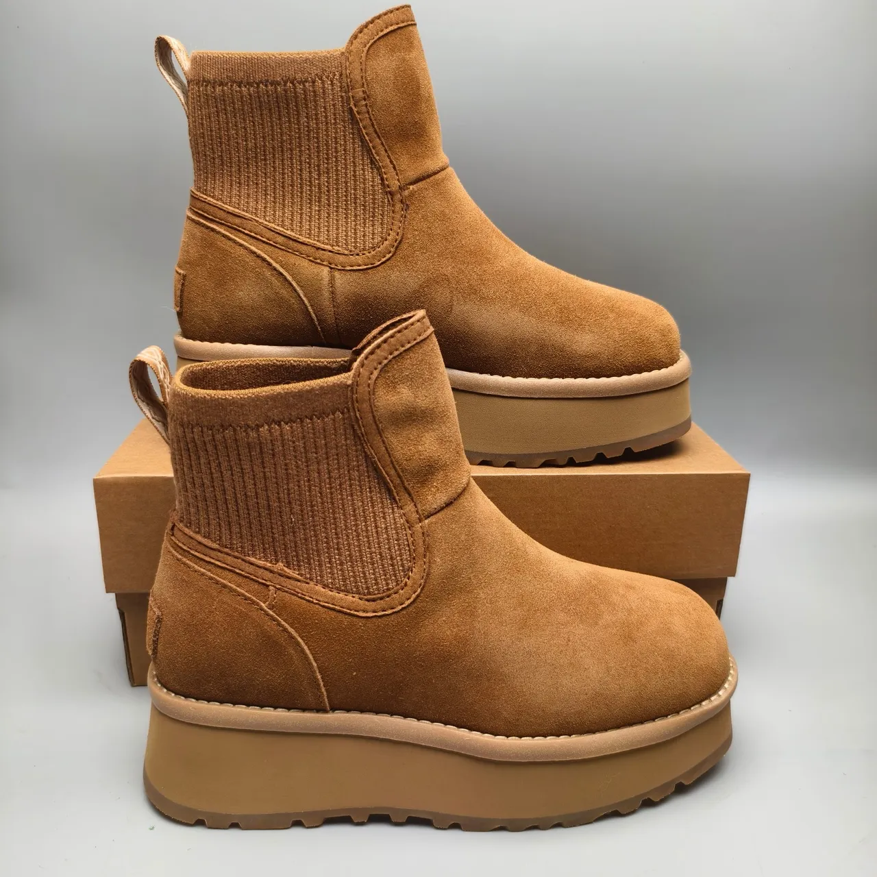 UGG Brown Suede Upper Ribbed Knit Collar Chelsea Boots 5