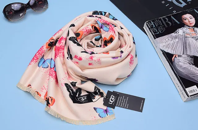 UGG Butterfly-Print Beige Fringed Silk Scarf 2