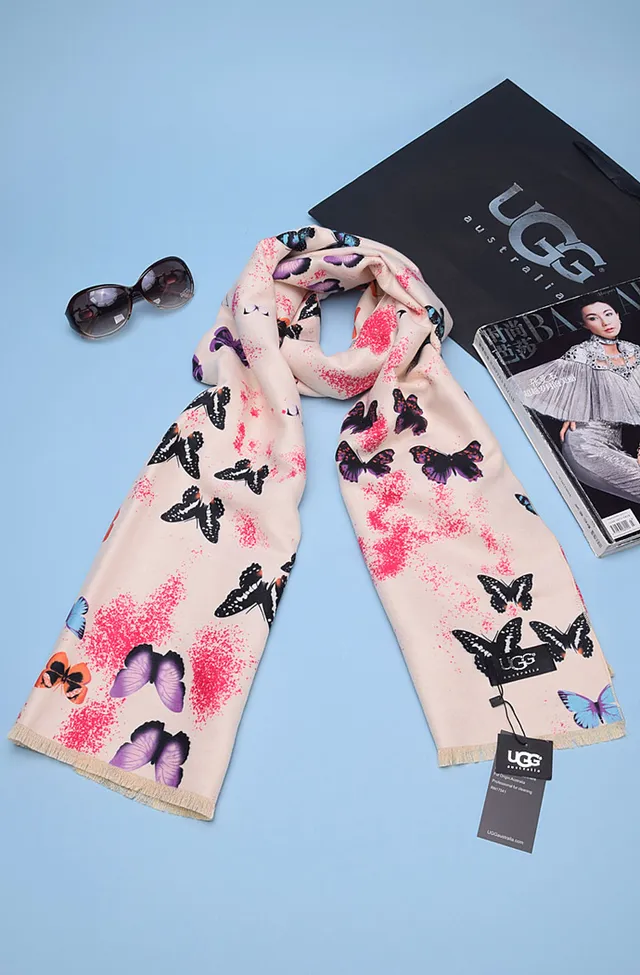 UGG Butterfly-Print Beige Fringed Silk Scarf 3