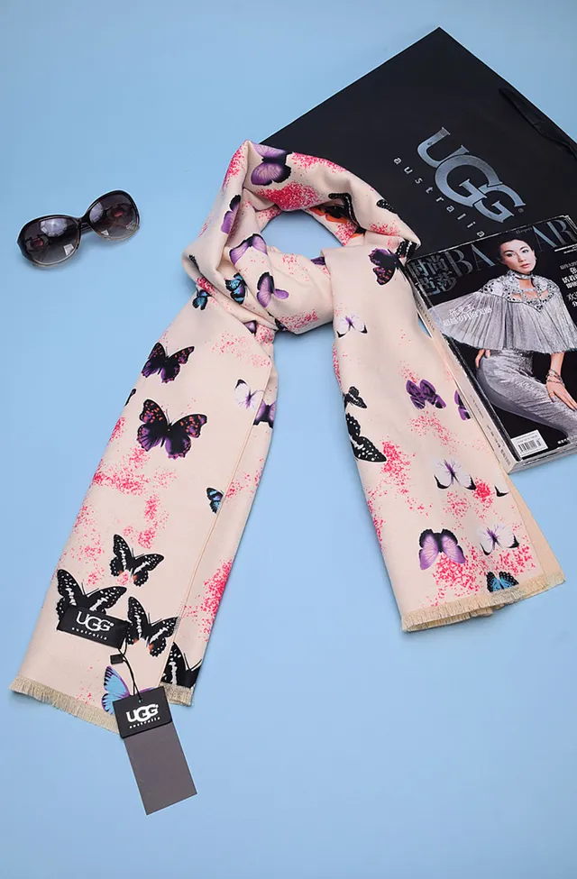 UGG Butterfly-Print Beige Fringed Silk Scarf 5