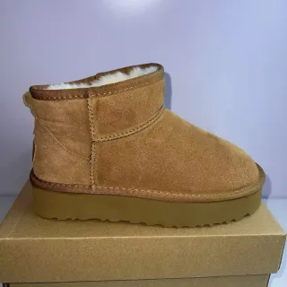 UGG Classic Mini Tan Suede Shearling-Lined Platform Snow Boots