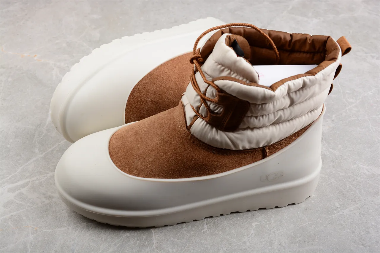 UGG Tasman Beige Brown Quilted Puffer Collar Suede Upper Snow Boots 8