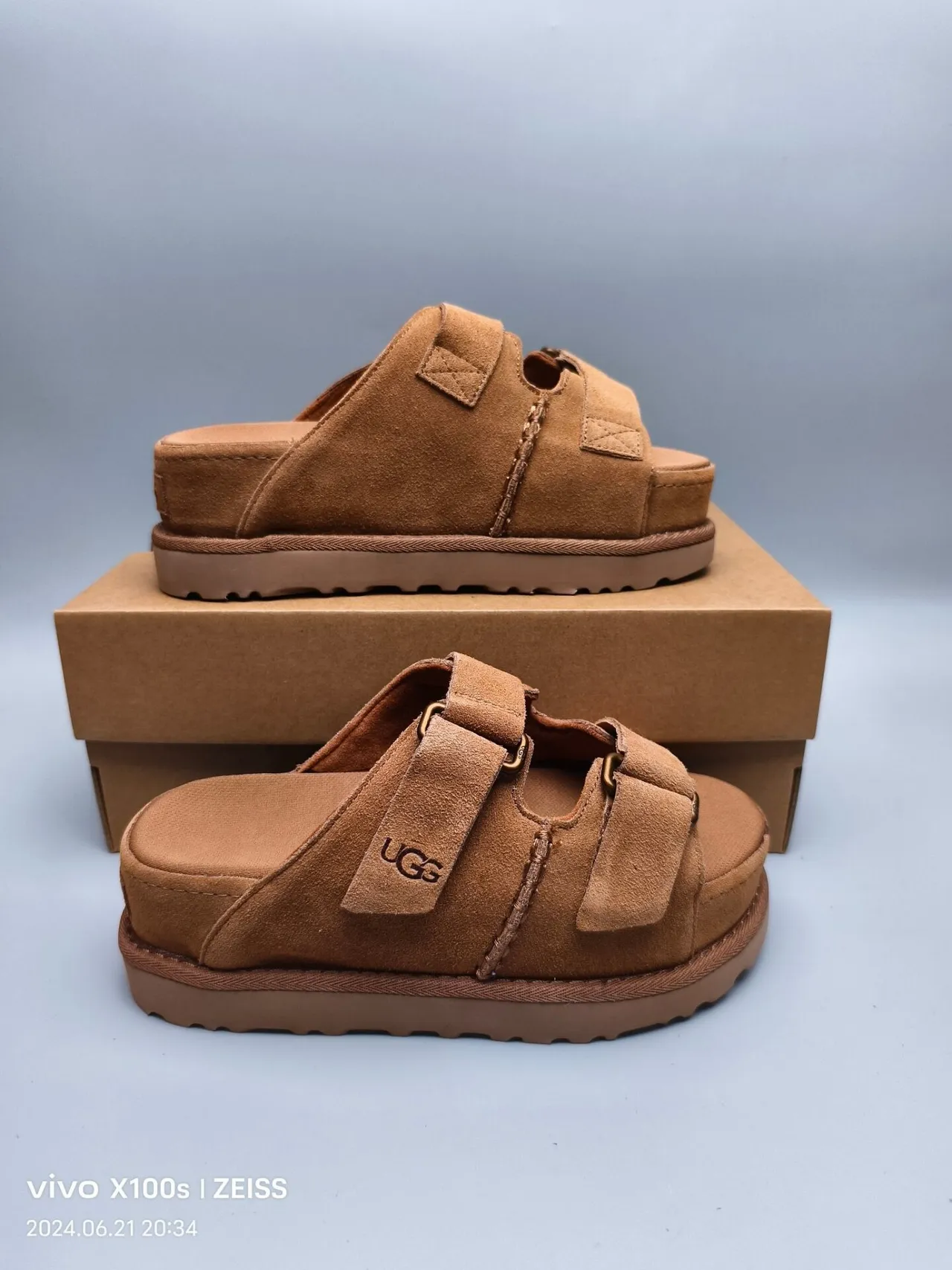 UGG Tasman Tan Suede Double-Strap Platform Slippers 5
