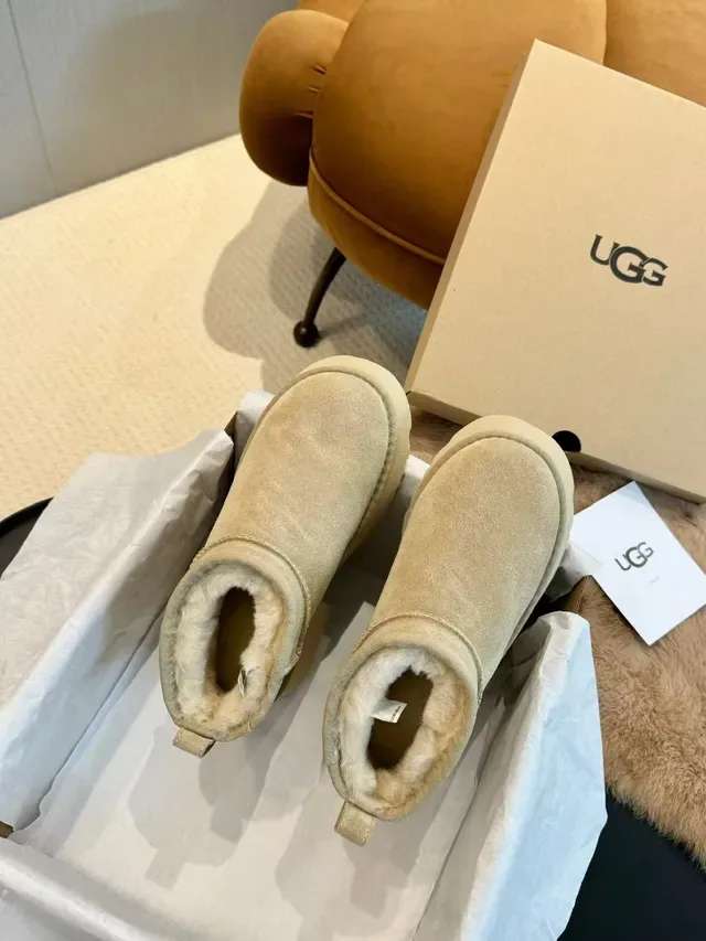 UGG Ultra Mini Beige White Suede Upper Shearling-Lined Snow Boots 2
