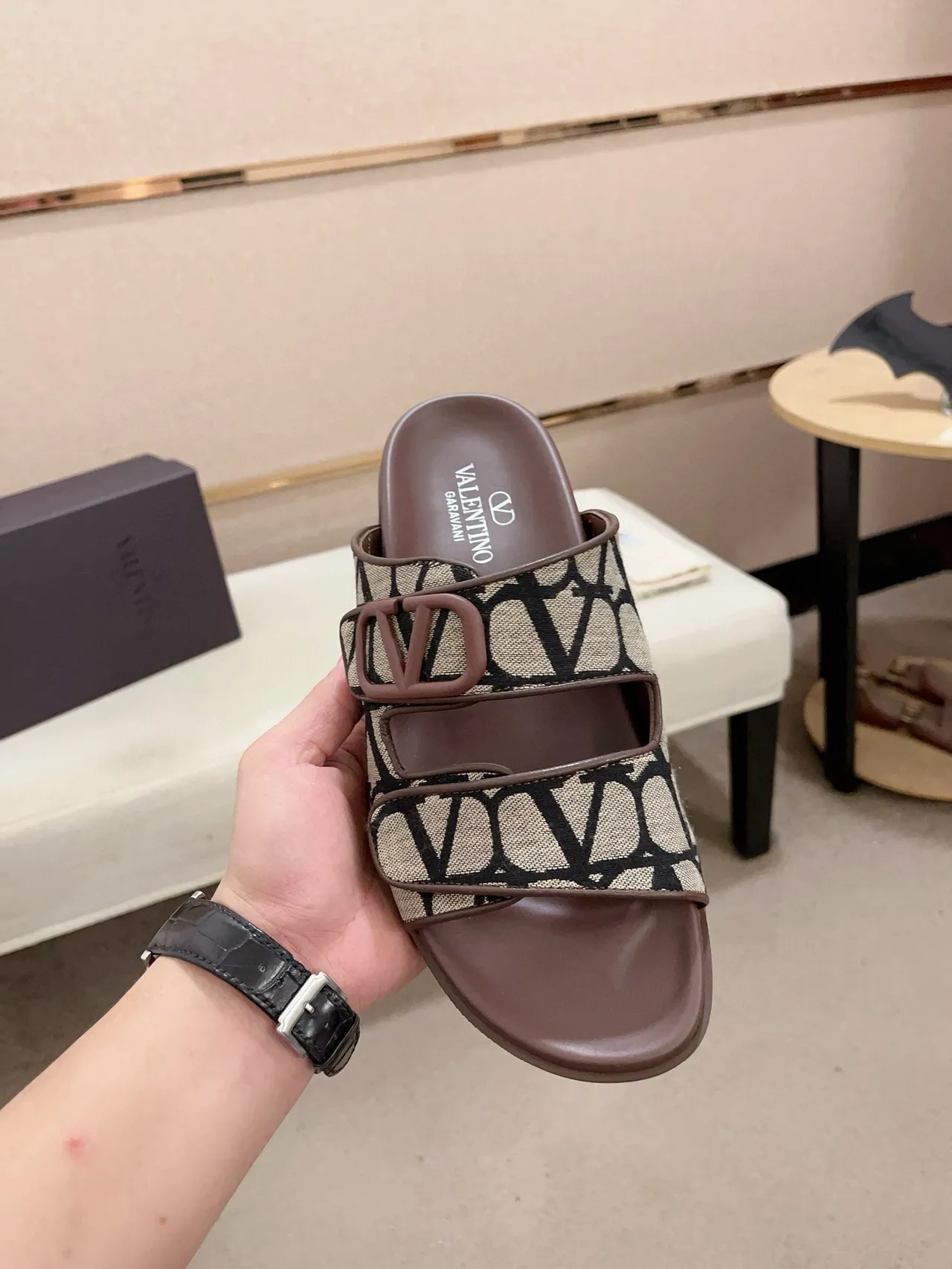 Valentino Open Double-Strap Monogram Slide Slippers 2