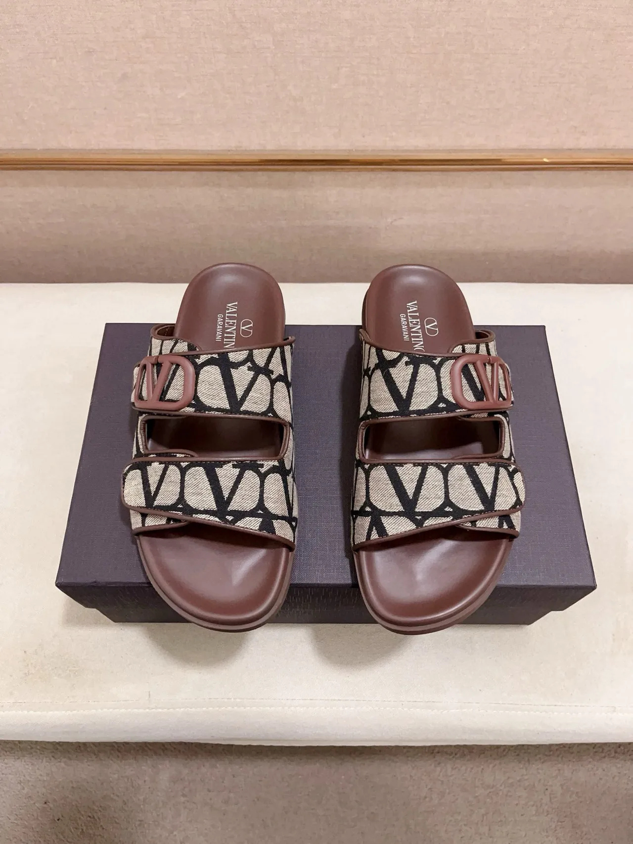 Valentino Open Double-Strap Monogram Slide Slippers 8