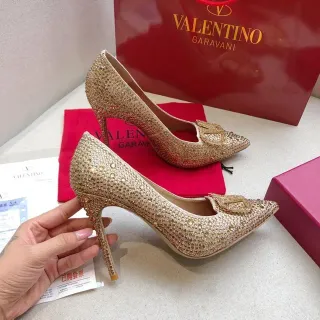 Valentino Rockstud Crystal-Embellished Gold Stilettos