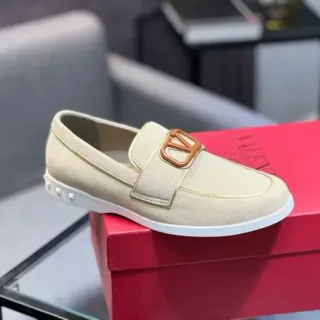 Valentino Rockstud Loafer Beige White Suede Upper VLogo Buckle Loafer