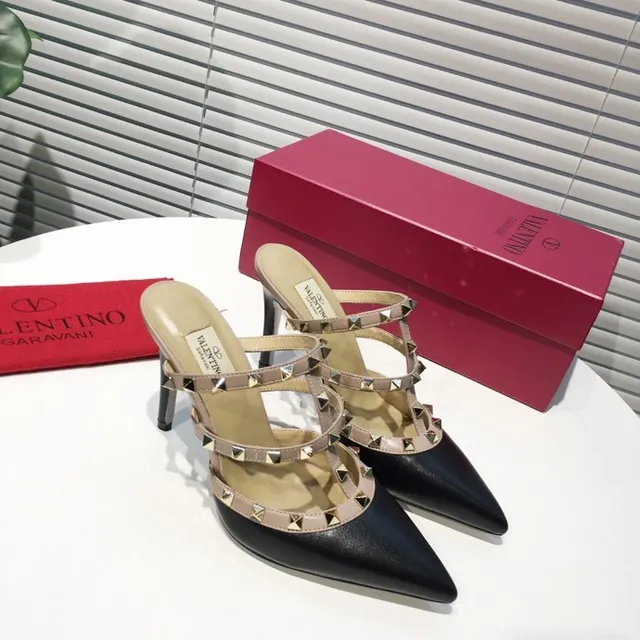 Valentino Rockstud Strappy Studded Black and Beige Stilettos 2