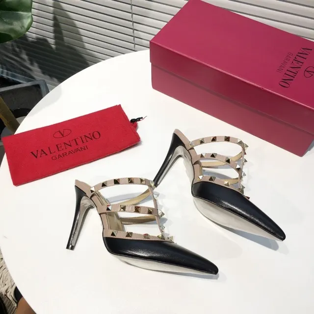 Valentino Rockstud Strappy Studded Black and Beige Stilettos 6