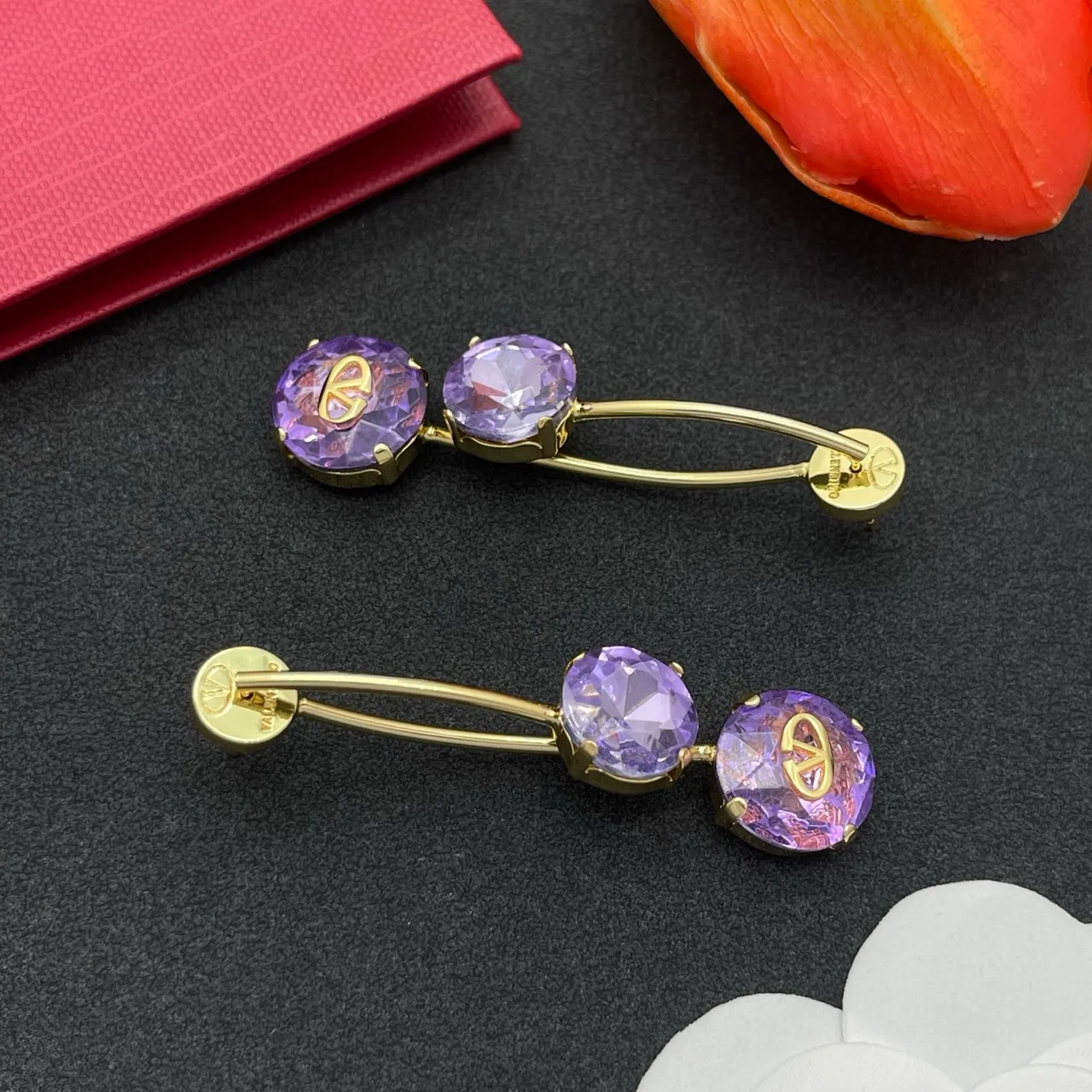 Valentino VLogo Double Cristal Violet Doré-Tone Boucles d'Oreilles 6