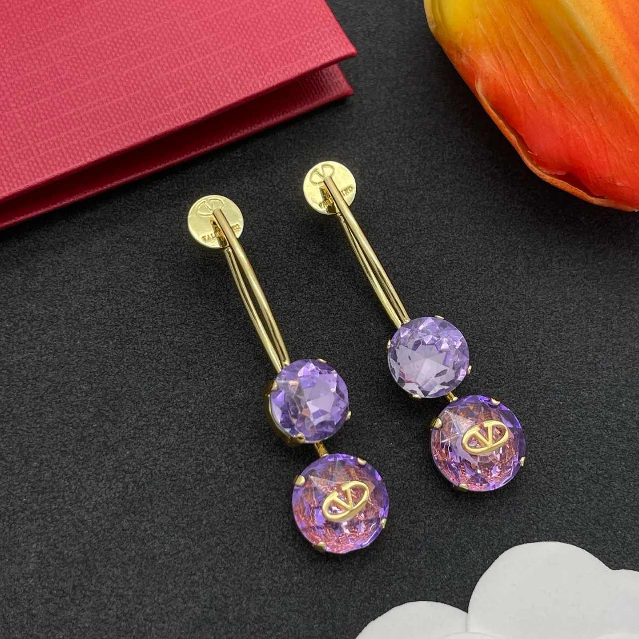 Valentino VLogo Double Cristal Violet Doré-Tone Boucles d'Oreilles 8