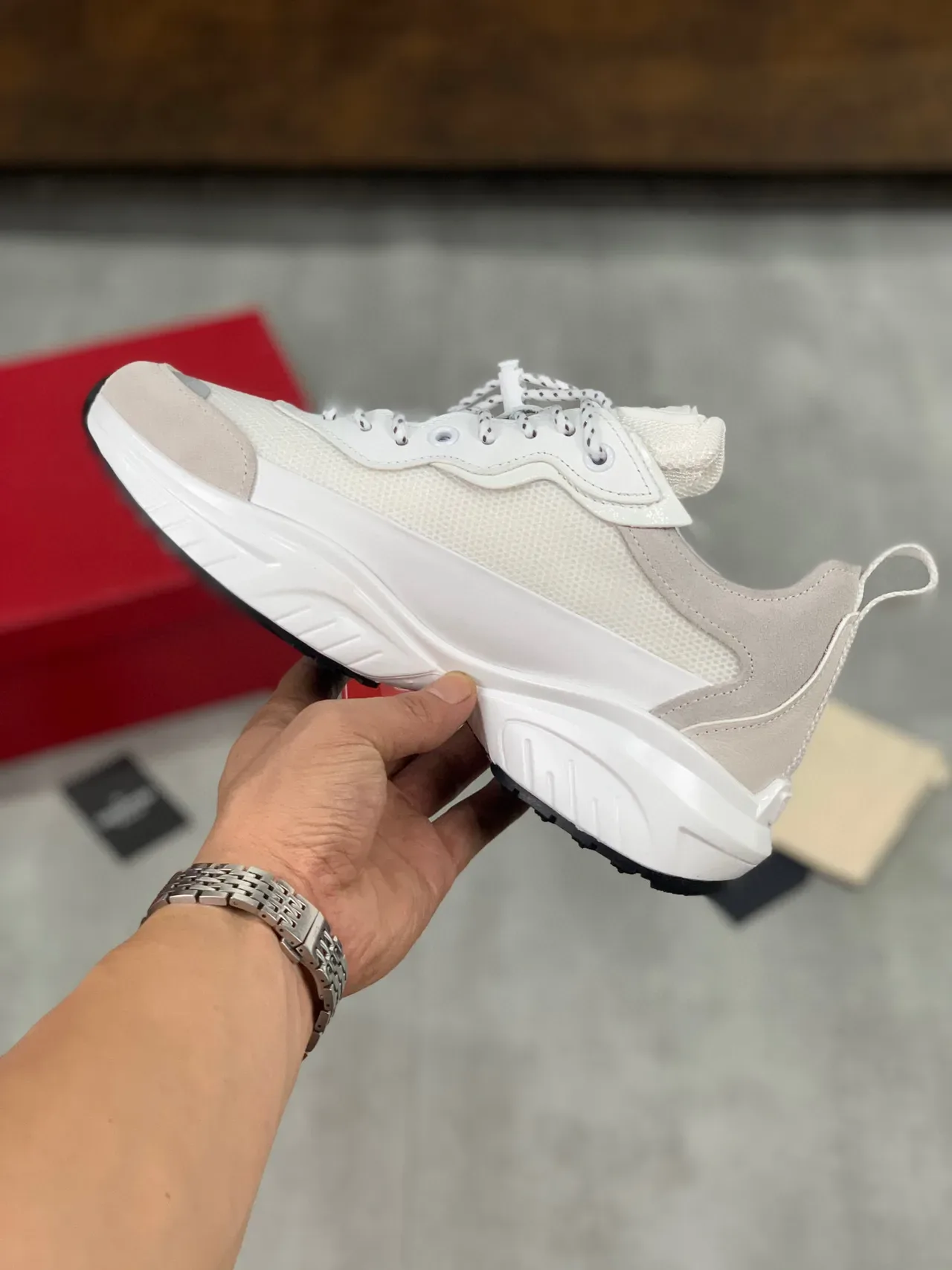 Valentino White Beige Sole Mesh And Suede Upper Chunky Sneakers 5