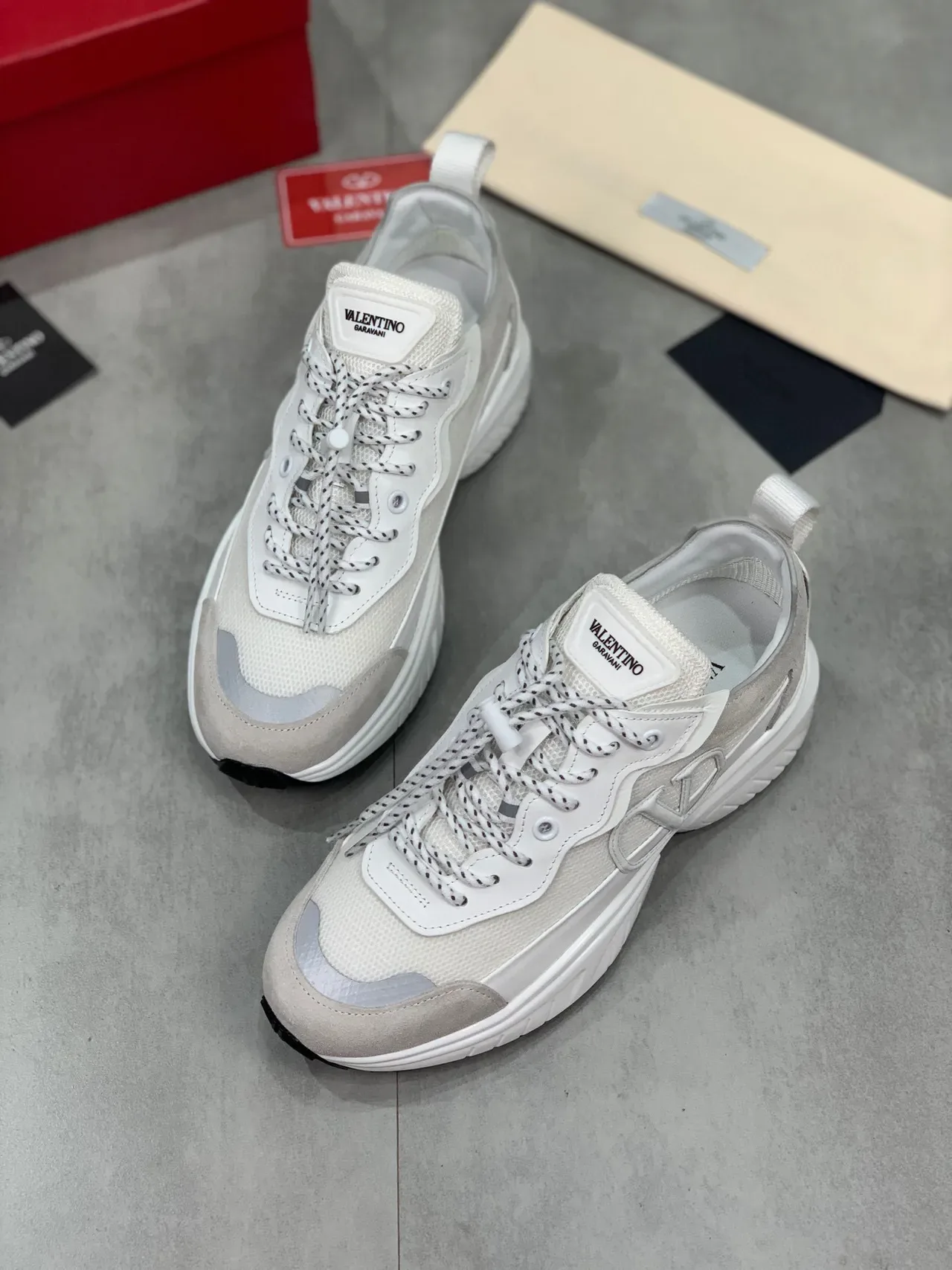 Valentino White Beige Sole Mesh And Suede Upper Chunky Sneakers 6
