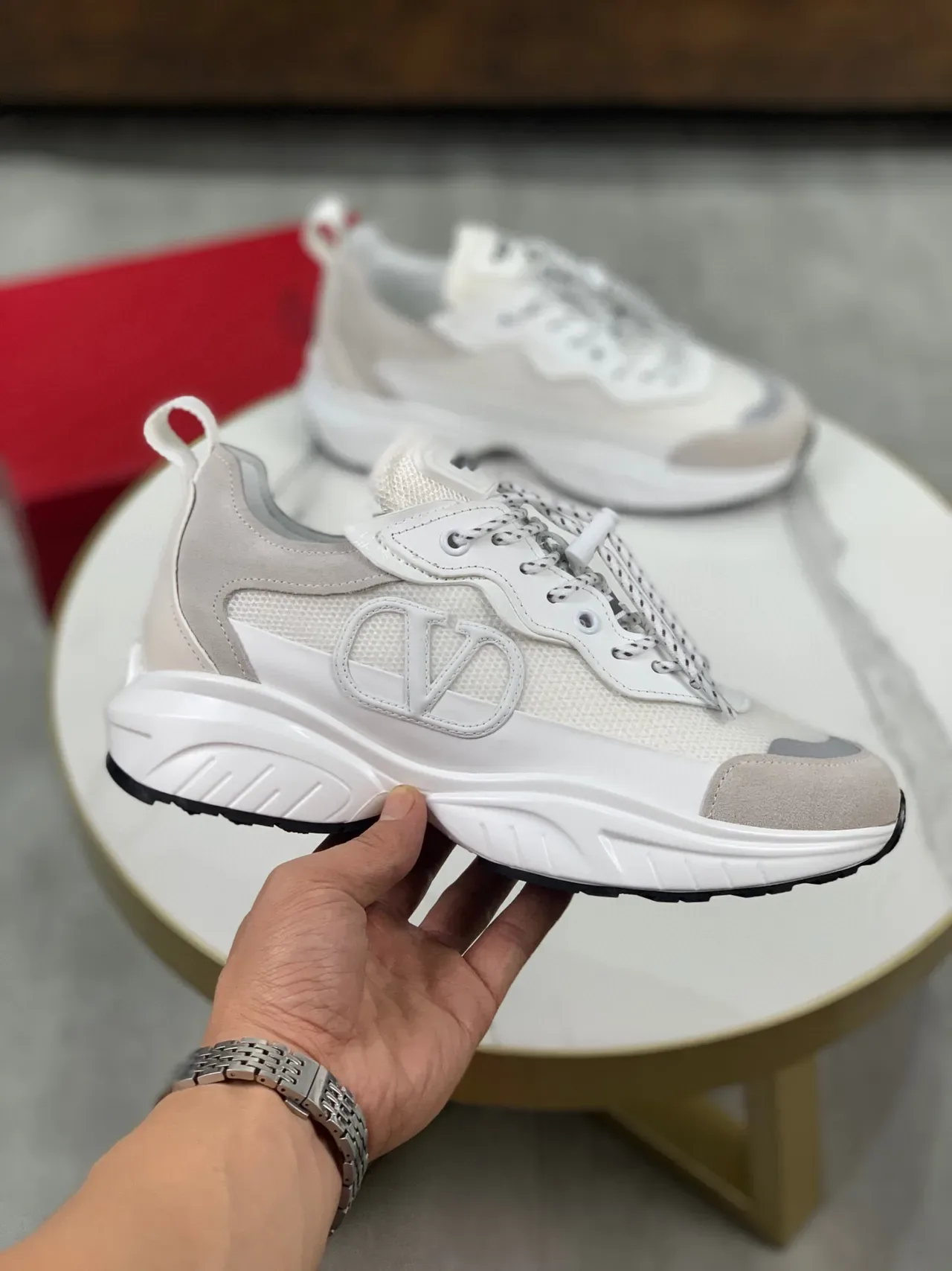 Valentino White Beige Sole Mesh And Suede Upper Chunky Sneakers 8