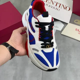 Valentino 白色蓝色分层网布和麂皮金色调VLogo硬件厚底运动鞋