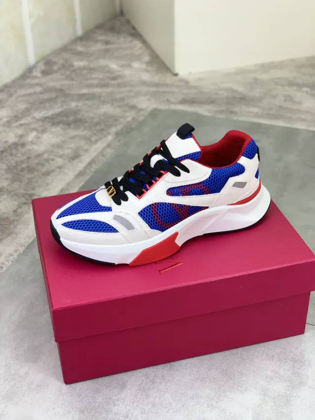 Valentino أبيض أزرق طبقات شبكة و سويد ذهبي-درجة VLogo Hardware Chunky Sneakers 4