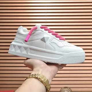 Valentino Blanco Rosa Cuero Texturizado Parte Superior Cordones Estilo Cuerda Lifestyle Sneakers