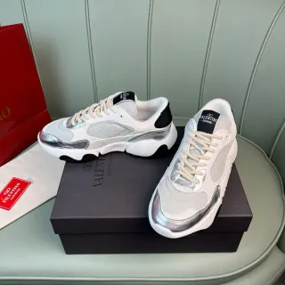 Valentino White Silver Sole Mesh And Metallic Overlays Chunky Sneakers