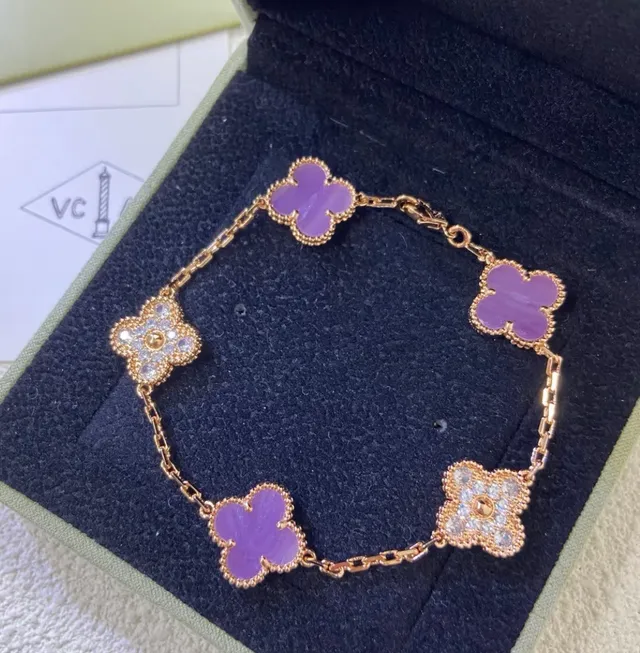 Van Cleef & Arpels Alhambra Esmalte Roxo Trevo de Quatro Folhas Pulseiras 3