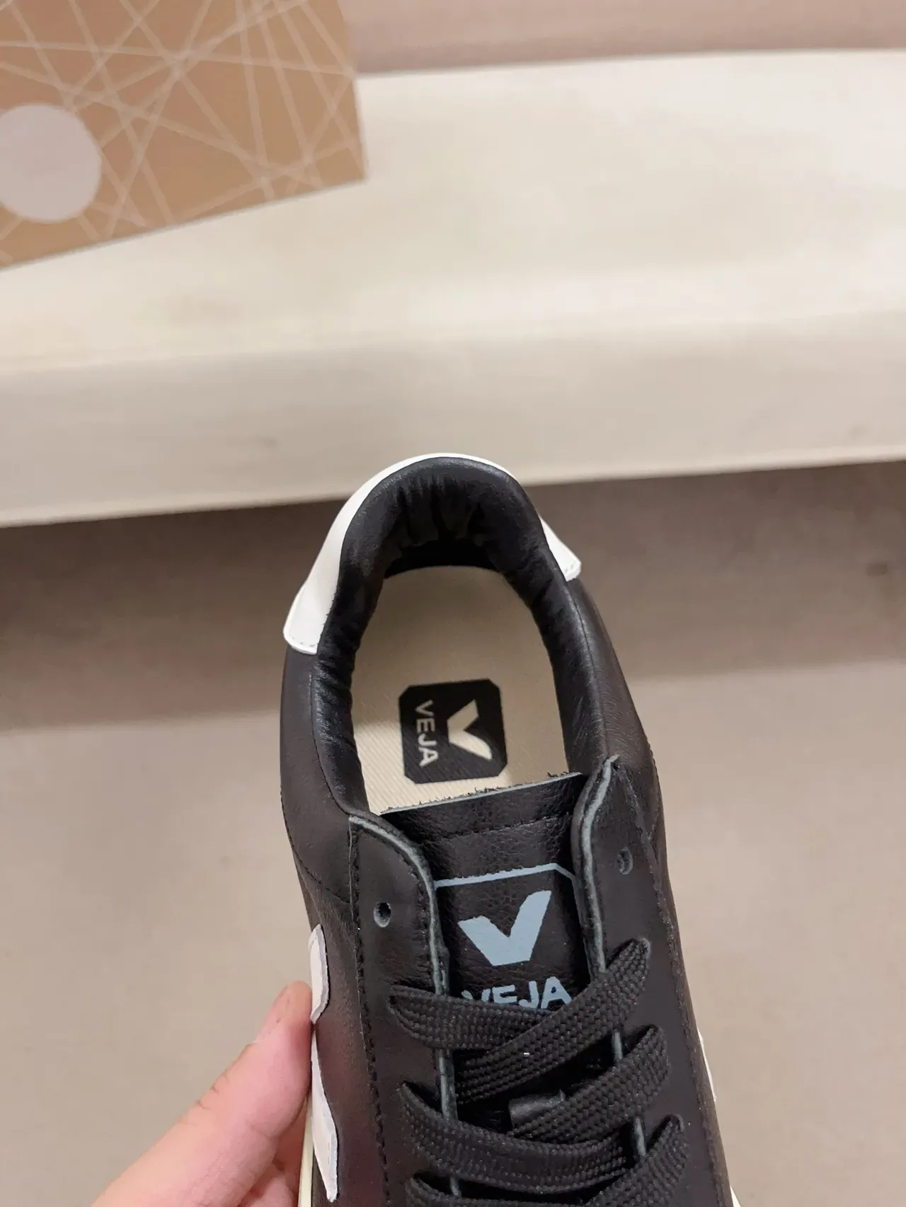 VEJA Black White Leather Upper V Logo Lifestyle Sneakers 4