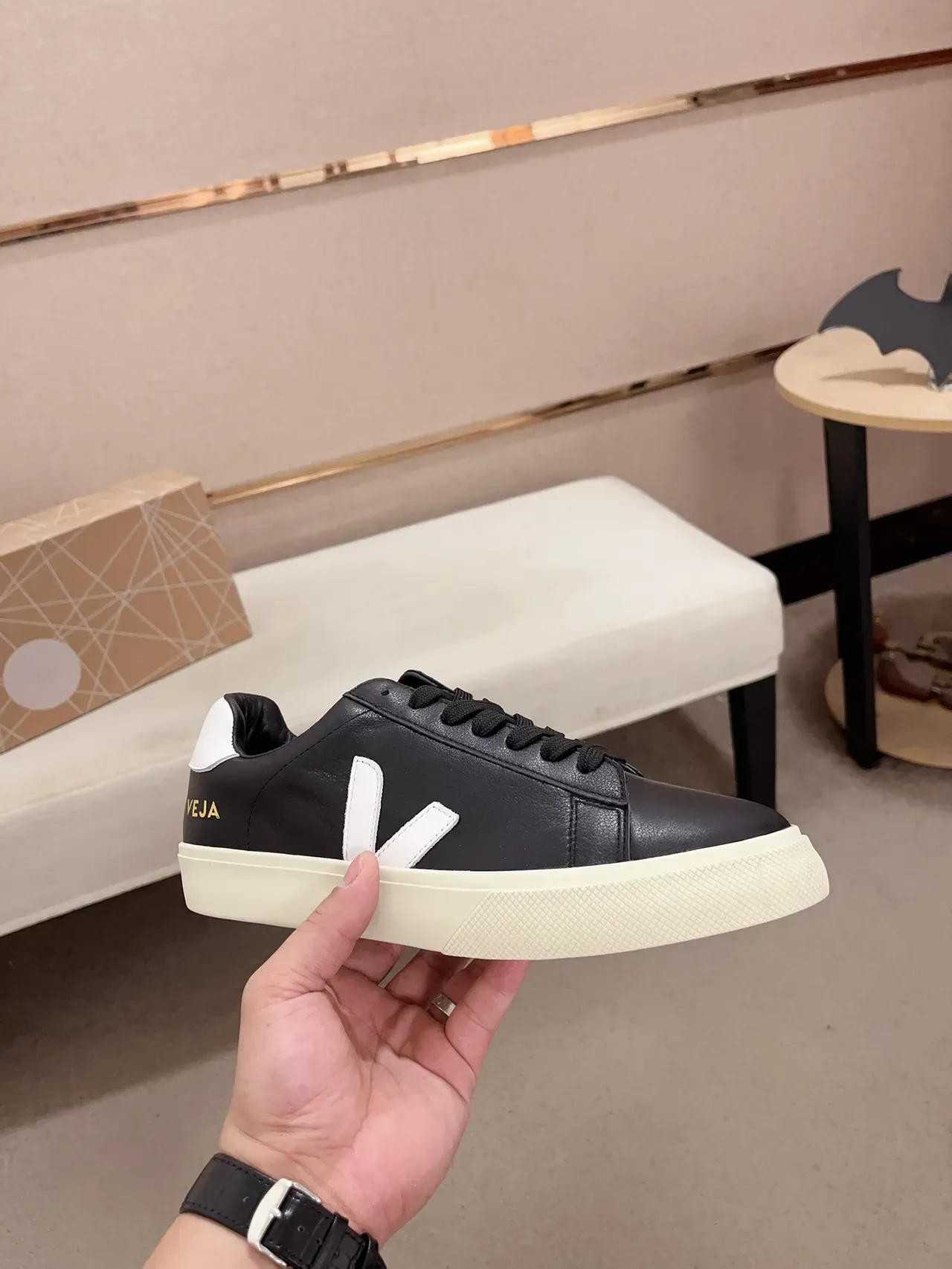 VEJA Black White Leather Upper V Logo Lifestyle Sneakers 5
