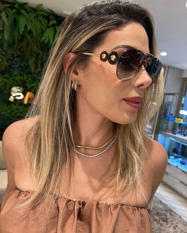 Versace Chain Reaction Black Gold Aviator Silhouette Grid-Patterned Lenses Sunglasses 8