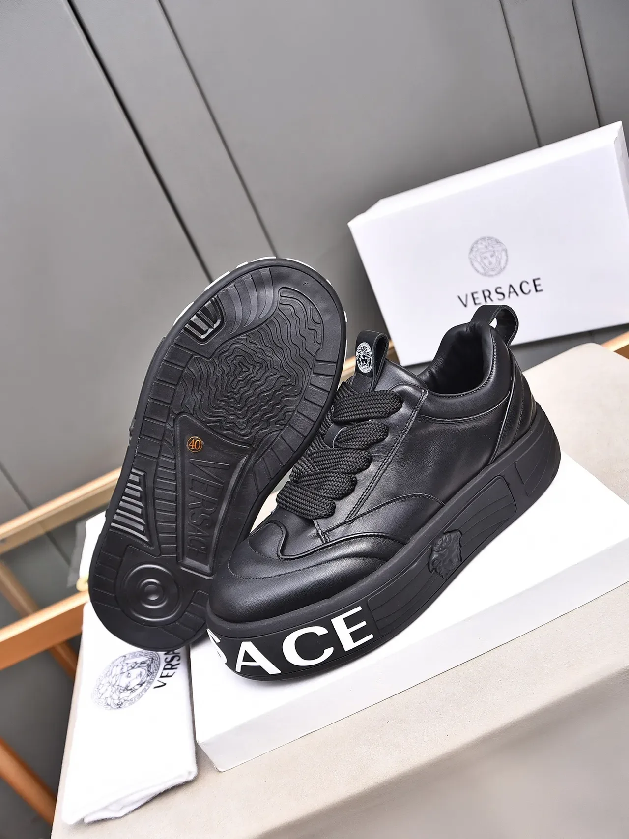 Versace Chain Reaction Black Leather Platform Lifestyle Sneakers 4