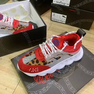 Versace Chain Reaction 红色豹纹麂皮厚底运动鞋