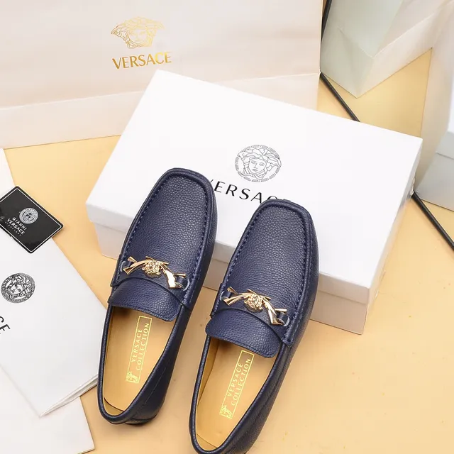 Versace Medusa حذاء لوفر أزرق بحري جلد مقشف مفتوح 4