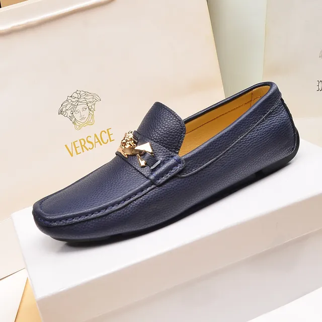 Versace Medusa حذاء لوفر أزرق بحري جلد مقشف مفتوح 5