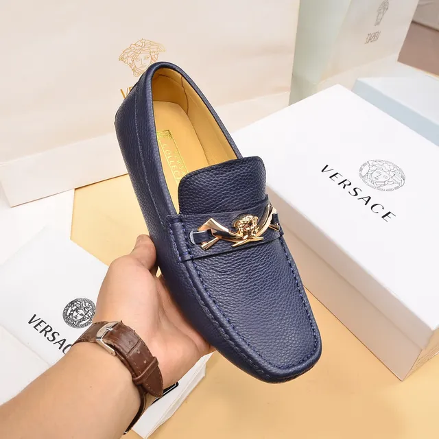 Versace Medusa حذاء لوفر أزرق بحري جلد مقشف مفتوح 6