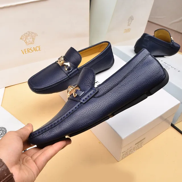 Versace Medusa حذاء لوفر أزرق بحري جلد مقشف مفتوح 7