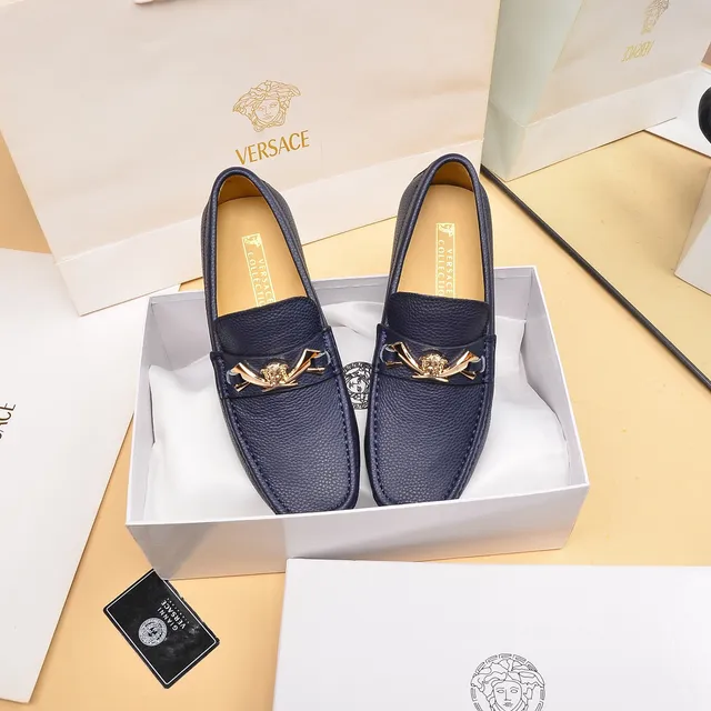 Versace Medusa حذاء لوفر أزرق بحري جلد مقشف مفتوح 8