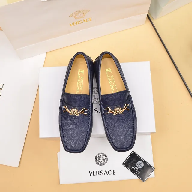 Versace Medusa حذاء لوفر أزرق بحري جلد مقشف مفتوح 9