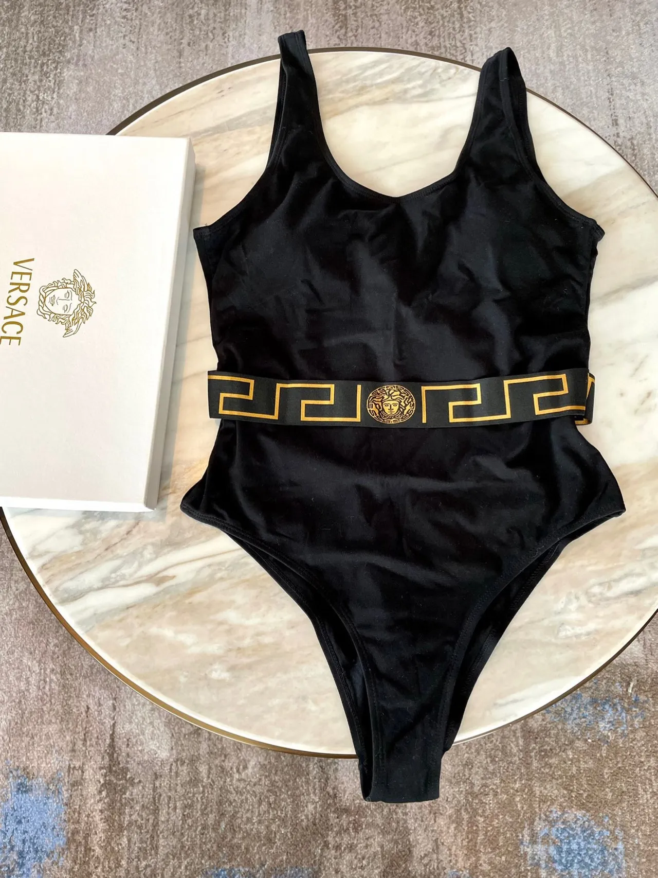 Versace Odissea Black Gold One-Piece Greca Key Waistband Swimwear 2