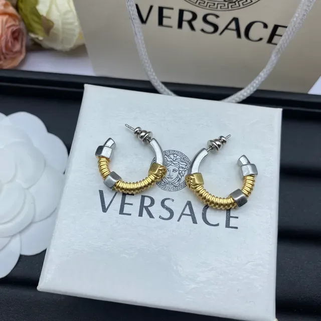 Versace Silver Gold Coiled Spring Band Geometric Cube Accents Earrings 4