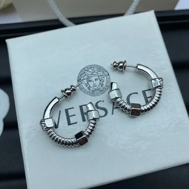Versace Silver Gold Coiled Spring Band Geometric Cube Accents Earrings 5
