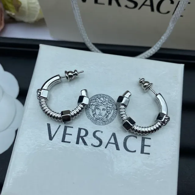 Versace Silver Gold Coiled Spring Band Geometric Cube Accents Earrings 6