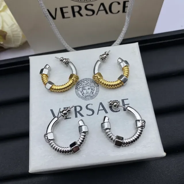 Versace Silver Gold Coiled Spring Band Geometric Cube Accents Earrings 7